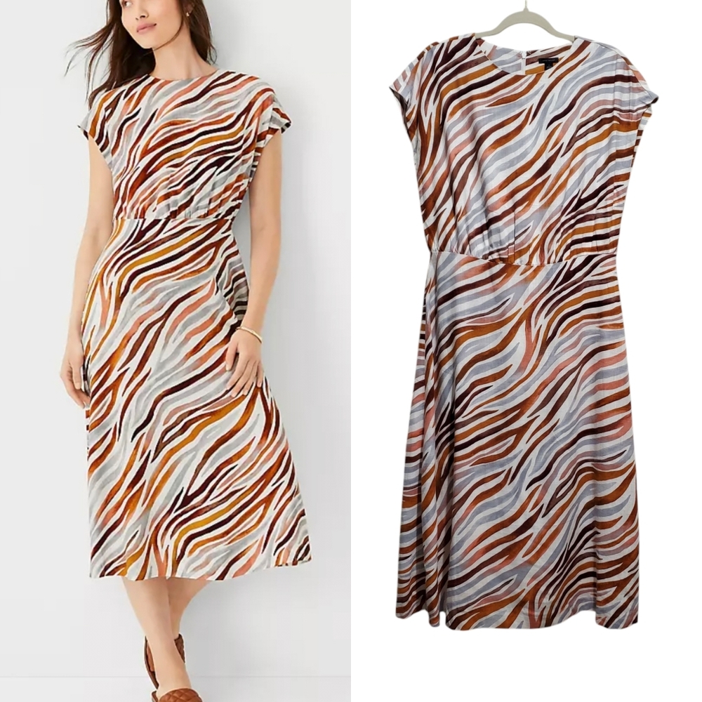 Ann Taylor Linen Blend Zebra Stripe Mock Neck Flare Dress Size 6 Multi-colored